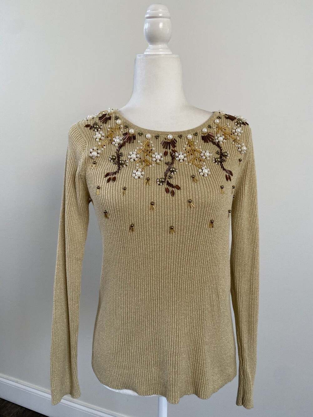 Lauren Michelle Women’s Tan Gold Sweater Beaded Embellishments VNeck LS Sz S